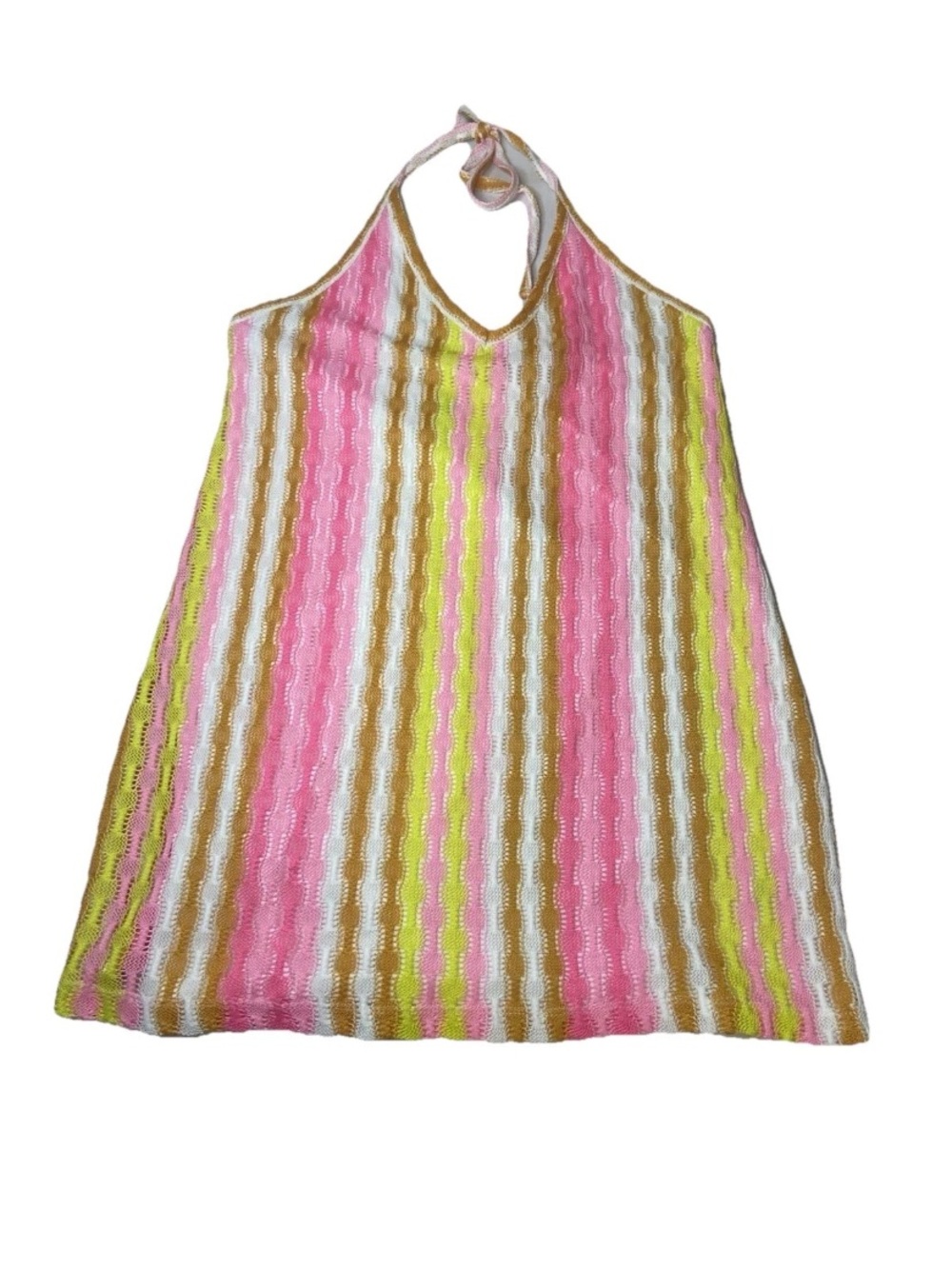 Crochet Slip Halter Dress Cover Up  Large Pink Yellow Beach Resort Vacation